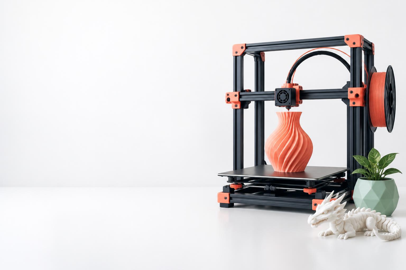 Impressora 3D produzindo um vaso coral, ao lado de peças impressas